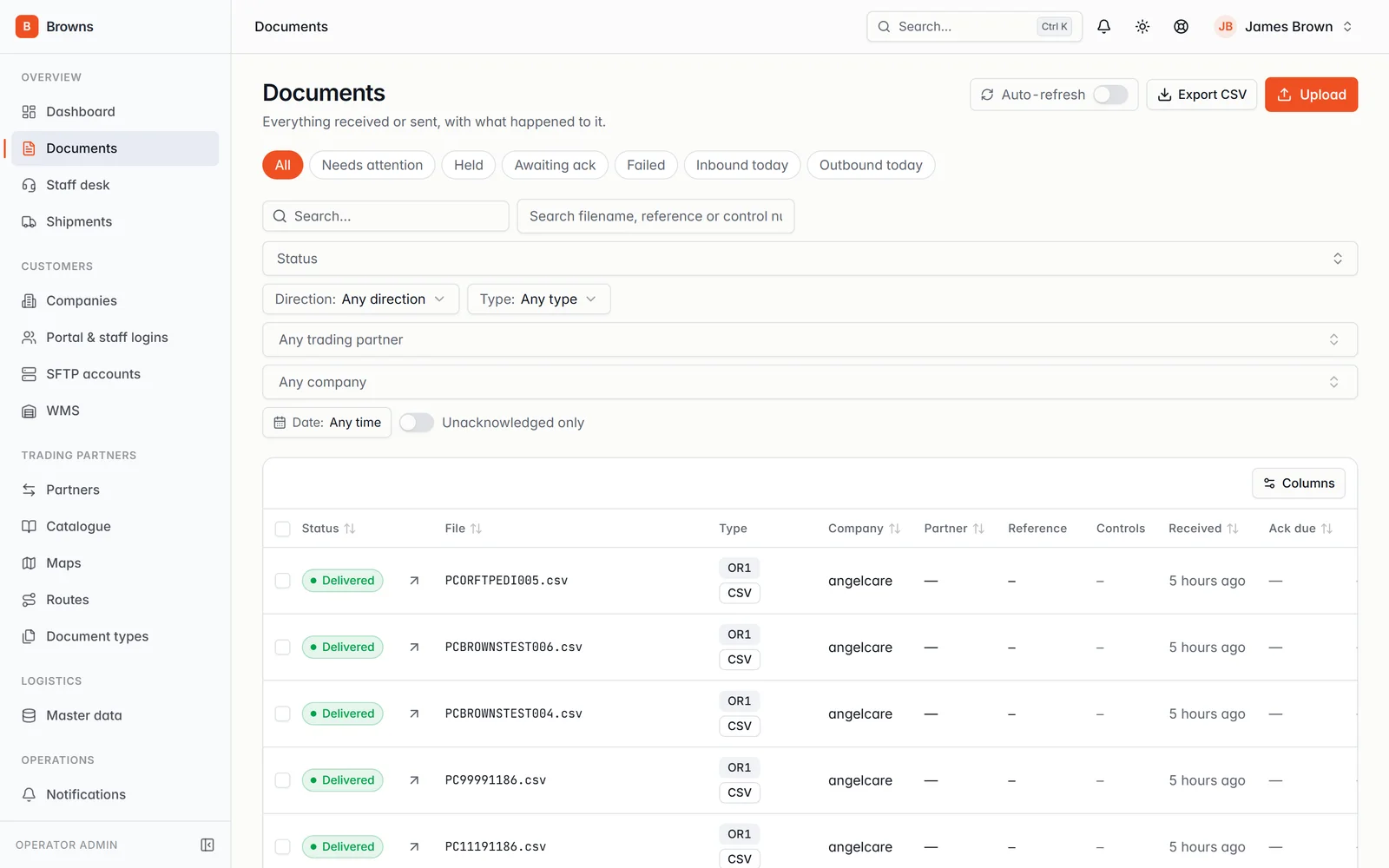 Document list with EDIFACT source and canonical order side by side